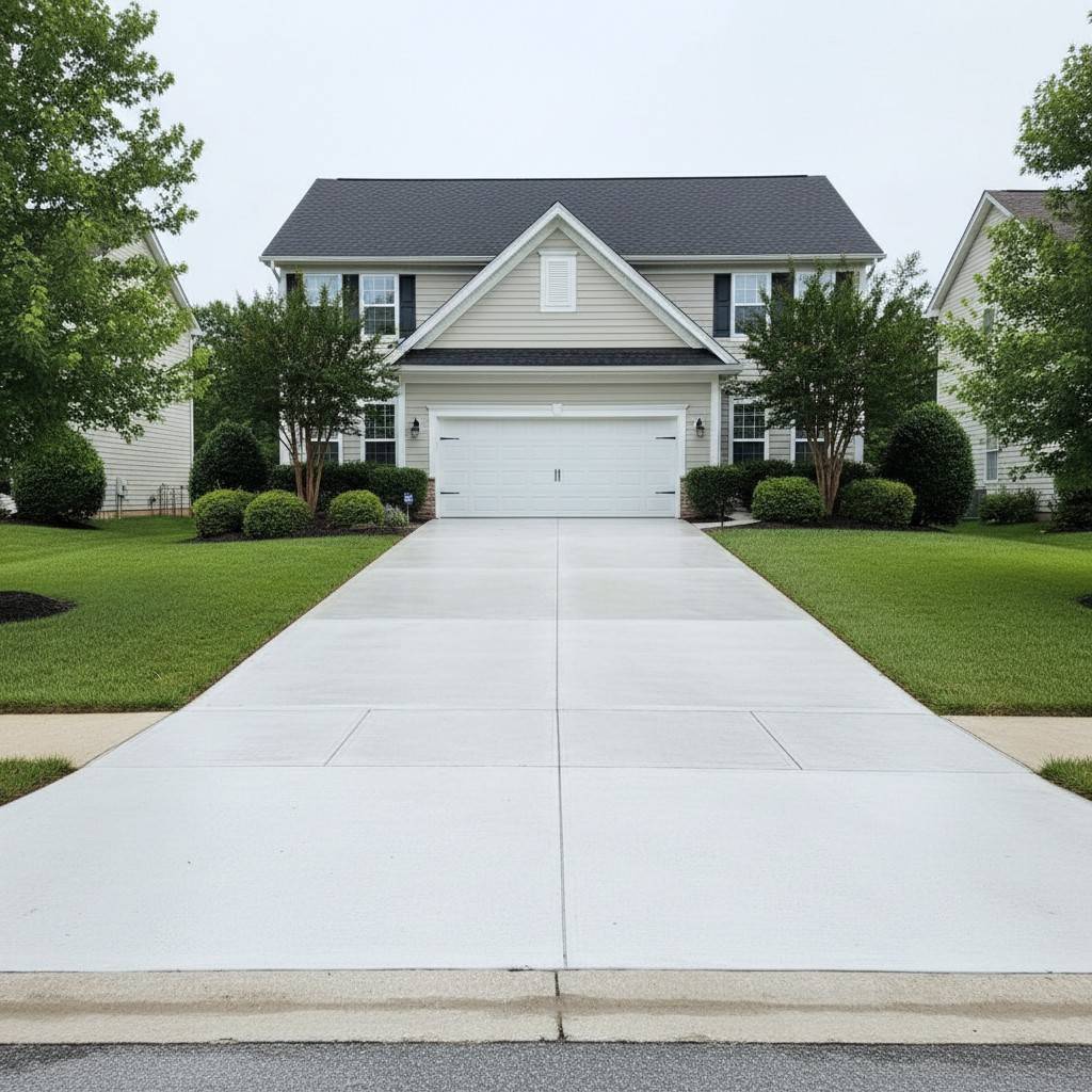 Illustrative example: the same driveway, bright and clean after pressure washing