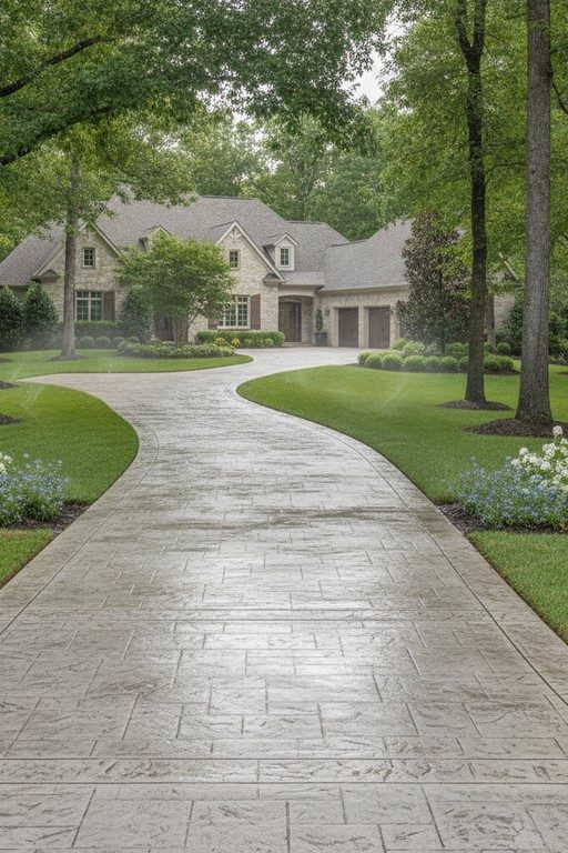 Illustrative example: the same Spokane stamped-concrete driveway clean and bright after pressure washing