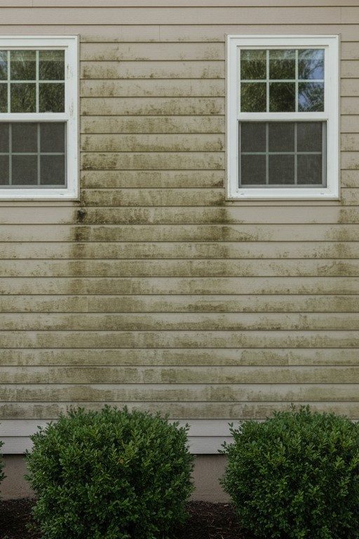 A Spokane home's vinyl siding covered in green and black mildew and algae streaks before soft washing