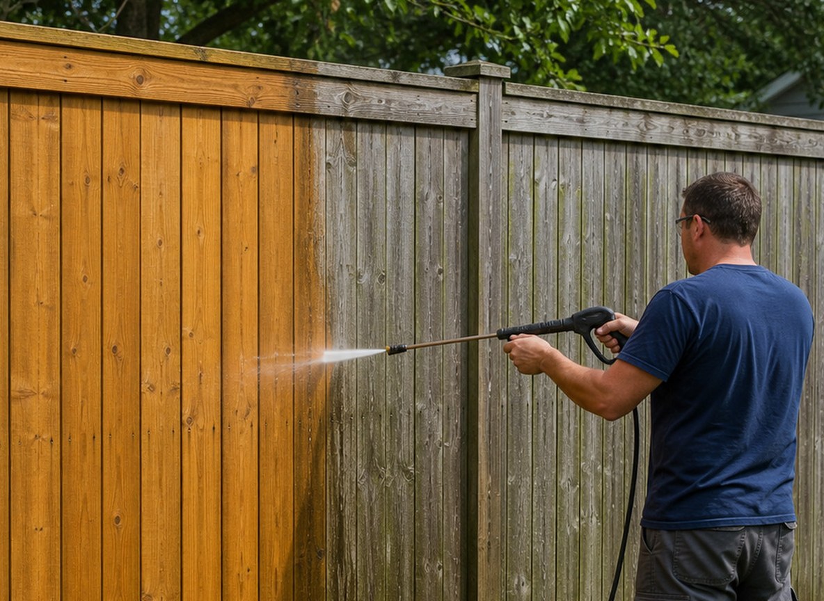A weathered wood fence and deck getting pressure washed at a Spokane home