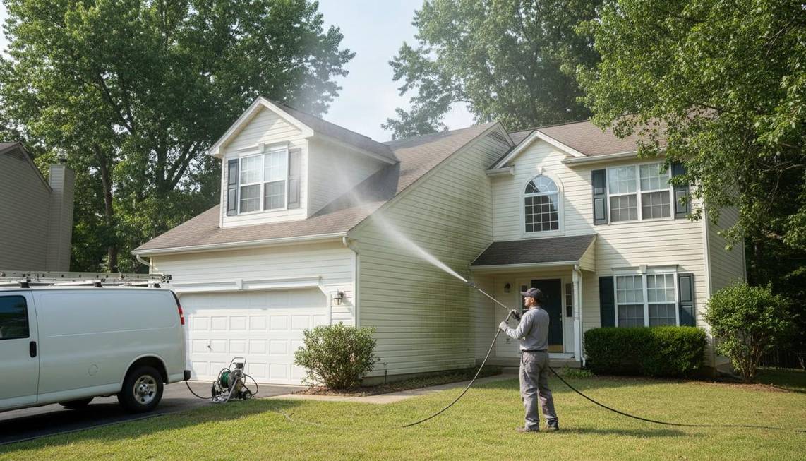 Spokane home exterior being soft washed