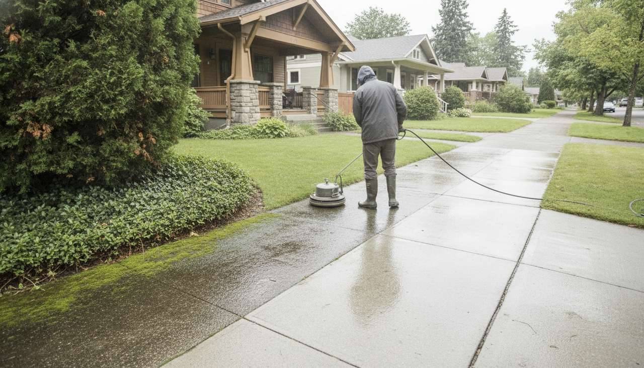 A concrete sidewalk in Spokane being cleaned with a surface cleaner, algae still visible along the planting bed